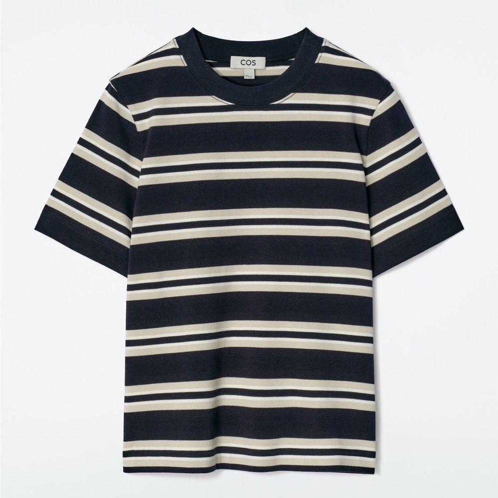 NEW COS CLEAN CUT REGULAR T-SHIRT in Beige/navy stripe - Picture 6 of 9